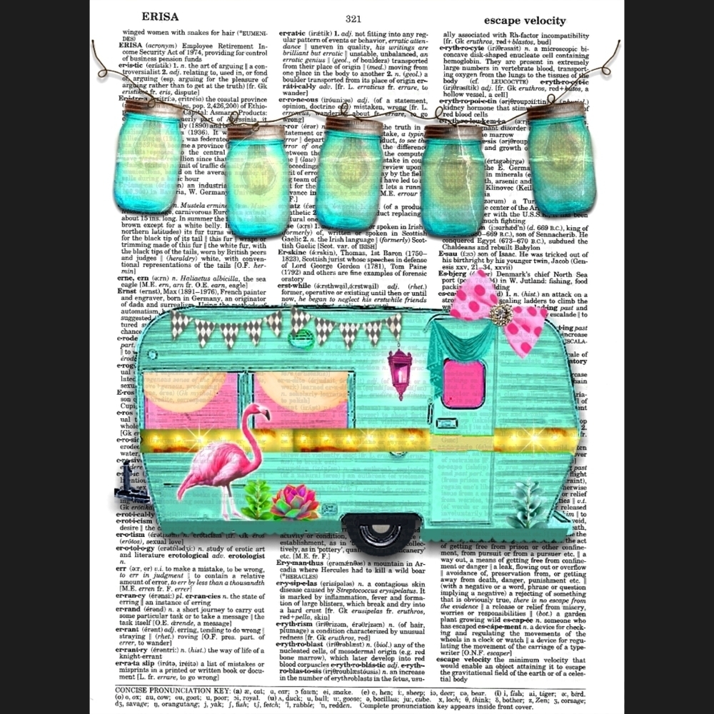 Turquoise Camper Flamingo Dictionary Art Print